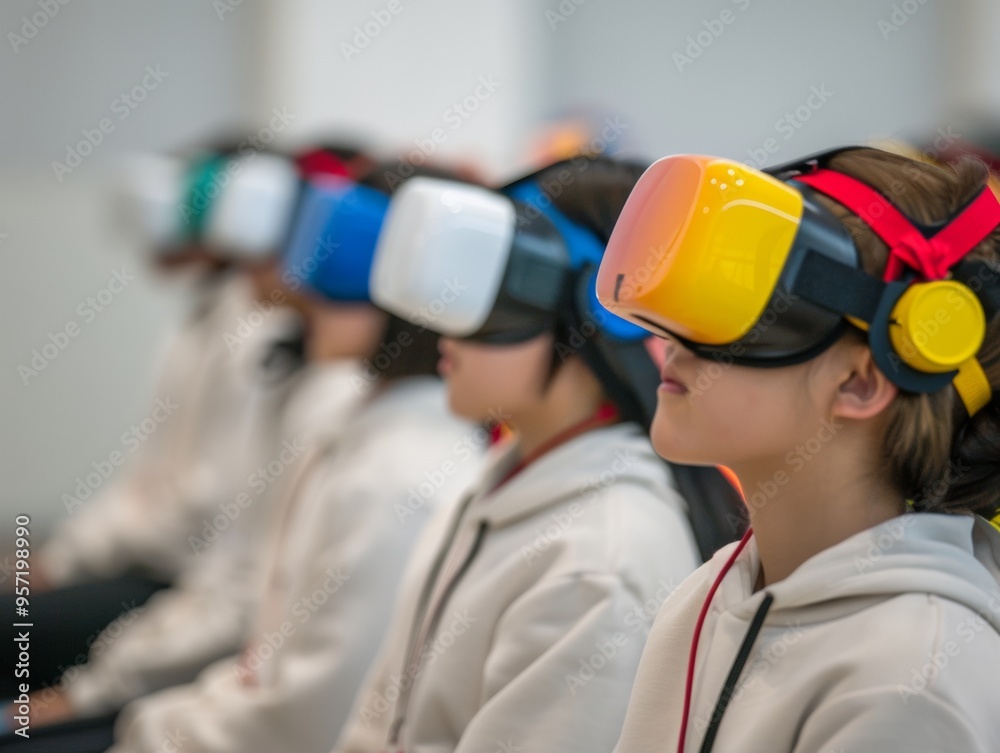 Poster diverse high school students using vr headsets to explore brain anatomy in interactive science class