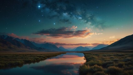 Fototapeta premium Wallpaper landscape of setting sun over mountains and beautiful sky with galaxy