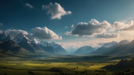 Wallpaper panoramic landscape lowlands and mountain and clouds above them