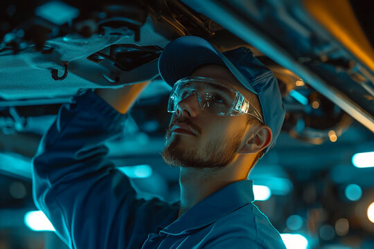 Close-up of a car mechanic in a blue uniform, cap, and safety glasses, working under a vehicle in a modern garage, repairing automobile parts, ideal for automotive service and maintenance themes