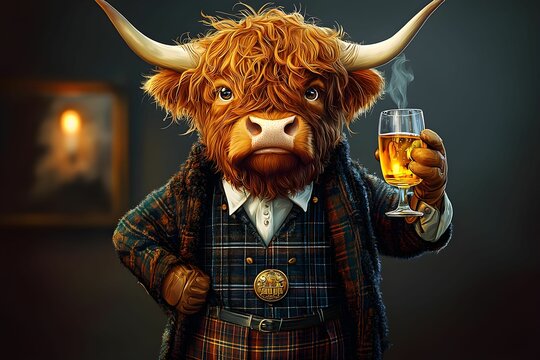 Playful depiction of a highland cow dressed in a kilt holding whisky
