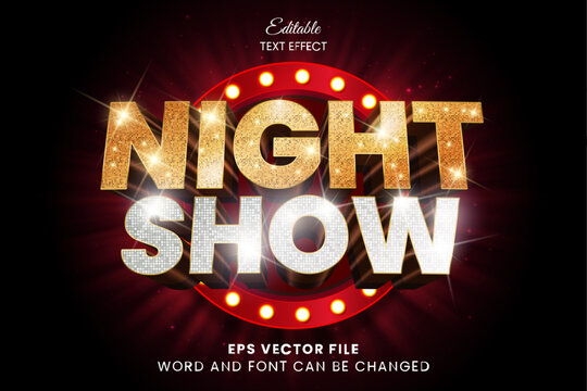 Night show party 3d editable vector text effect. Glittery golden and silver 3d text style