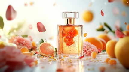 Elegant perfume bottle surrounded by flowers and fruits, capturing a fresh and vibrant essence in a beautifully lit setting.