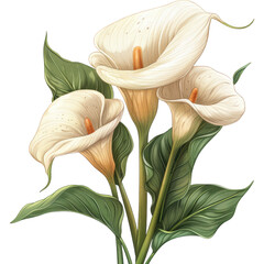 A simple, elegant illustration of three white calla lilies with green leaves on a white background