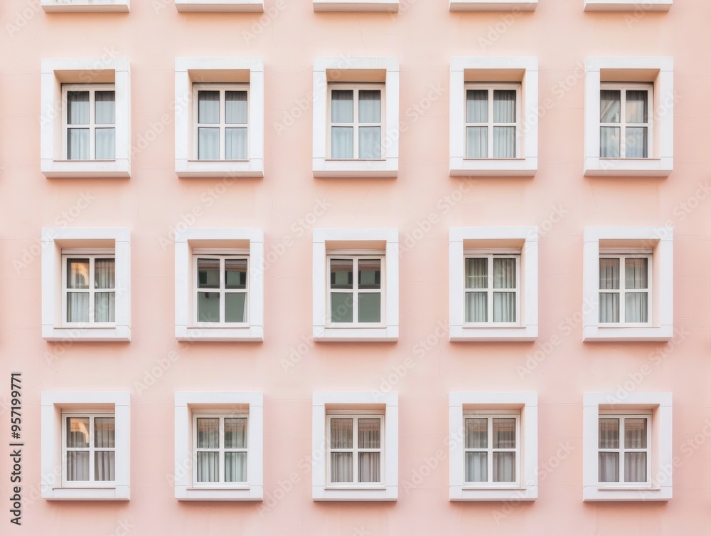 Poster Aerial View of Symmetrical Pastel Windows with Geometric Patterning in Soft Diffused Lighting