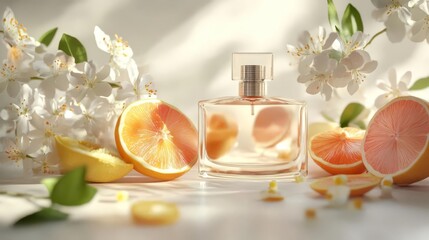 Elegant perfume bottle surrounded by fresh citrus fruits and white flowers, symbolizing freshness and purity in a natural setting.