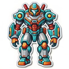 Cyberpunk Mech Sticker Design A bold, colorful sticker of a futuristic mech robot with a bright blue and orange color scheme., sticker design, mecha, robot , cyberpunk