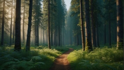 Obraz premium Wallpaper natural summer forest and sun rays penetrating through trees