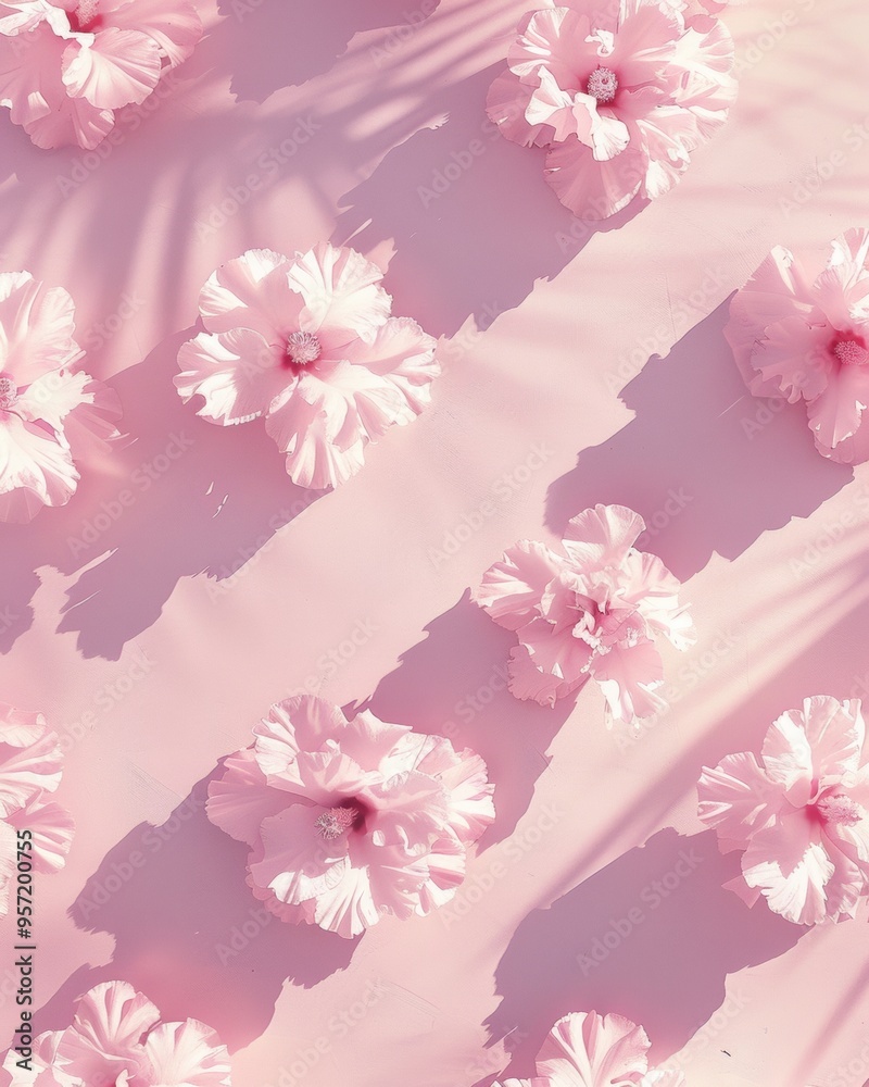 Poster dreamy pastel pattern of pink flowers on soft pink background with surreal depth and consistent spac