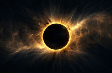 Obraz premium Total solar eclipse with dramatic golden corona flare effect against dark space background, perfect for astronomical and scientific designs.