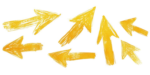 Hand-drawn yellow arrows pointing in various directions on a white isolated background