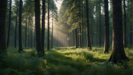 Wallpaper natural summer forest and sun rays penetrating through trees