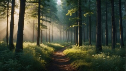 Obraz premium Wallpaper natural summer forest and sun rays penetrating through trees