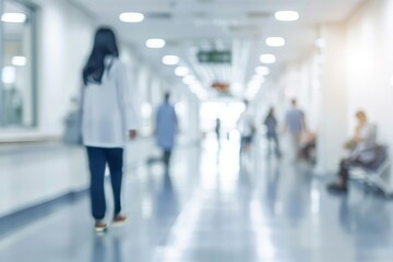 Blurred hospital corridor with people walking and medical staff working in the background, blurred background concept for health care, photo on white isolated background. 