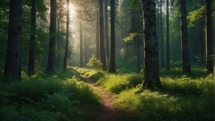 Fototapeta premium Wallpaper natural summer forest and sun rays penetrating through trees
