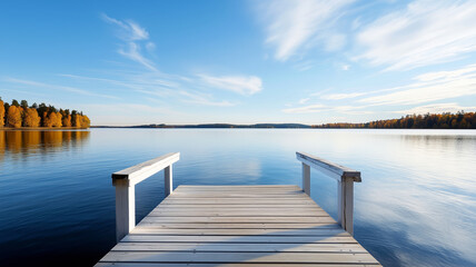 Fototapeta premium A wooden pier extends over a tranquil lake with clear blue skies and autumn-colored trees in the distance.