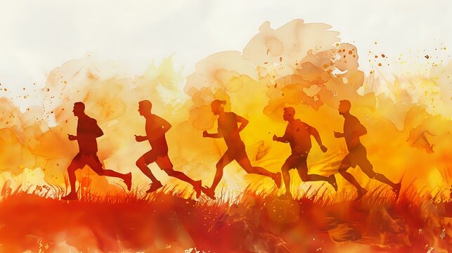 Silhouettes of runners at sunset against vibrant orange watercolor background, perfect for sports motivation, fitness goals and active lifestyle designs.