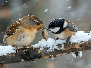Obraz premium Two small birds perched on snowy branch in winter, sparrow and chickadee sharing food during snowfall, wildlife nature photography perfect for seasonal greeting cards and nature publications.