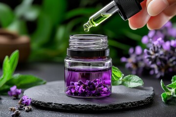 Woman adding drops of essential oil to a blend in a glass jar, watercolor style, customizing natural fragrances.