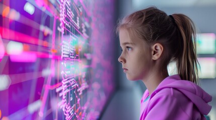 Young Girl in Futuristic Classroom Using AI Tools for Learning During Daytime, Modern Education, Innovative Technology