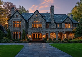 Luxurious Stone Mansion with Landscaped Driveway and Morning Sun