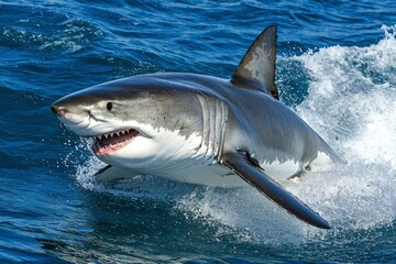 Fototapeta premium Great White Shark Leaping Out of the Water with Mouth Open