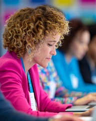 Diverse Group of Young Professionals Engaged in Interactive Corporate Training Workshop Using Technology in Modern Office Environment During Daytime