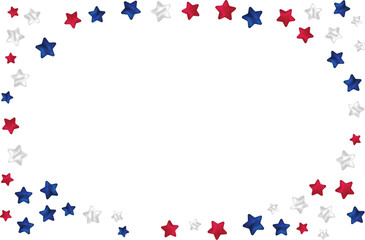 Colors of USA flag background, blue silver red stars falling Isolated background poster American color symbols 3d stars confetti frame Holiday USA flag colors for Patriot Day Copy space