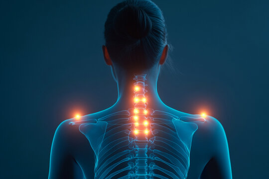 Woman X ray, concept of back pain and spinal issues highlighted vertebra