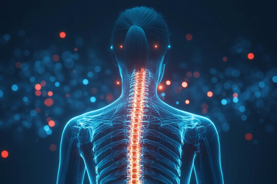 Woman X ray, concept of back pain and spinal issues highlighted vertebra