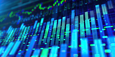 Abstract pattern of blue and green bars for stock exchange analysis.