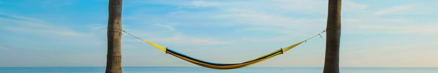 Fototapeta premium Serene Tropical Escape Hammock Swaying Between Palm Trees at Sunset on a Deserted Island, Symbolizing Ultimate Relaxation and Solitude