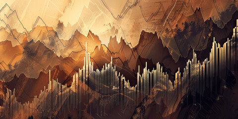 Brown and gray market fluctuation lines on an earthy tone background.