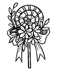Coloring page lollipop decorated with bow with flowers hand drawn. Caramel candy. Sweet bouquet. Buds of flowering plants. Vector doodle illustration. Coloring book for children and adults.