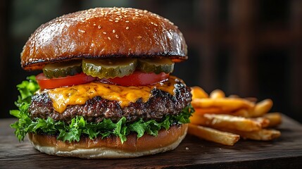 A classic cheeseburger with fresh lettuce, tomato, and pickles, alongside perfectly seasoned fries, presented on a rustic wooden table, with soft ambient lighting and a blurred background,