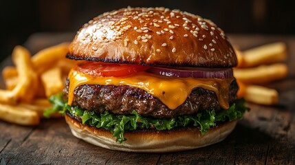 A close-up of a juicy cheeseburger with melted cheese and a side of crispy golden fries, served on a rustic wooden table, sunlight streaming in from a nearby window,