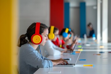 Young Diverse College Students, 18-25, Engaged in Online Learning Session with Laptops and Headphones in a Modern Classroom Setting, Daytime, Focused and Collaborative Mood