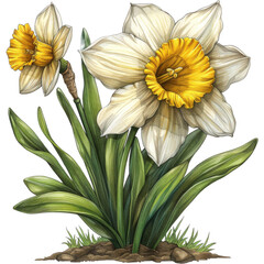 A whimsical illustration of two daffodils in full bloom, their white petals and yellow centers highlighted against a white background. The drawing is in the style of a childrens book
