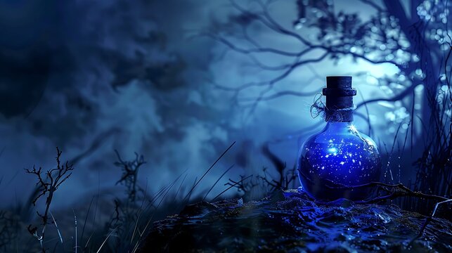 Spooky evening scene with a dazzling blue elixir perched on a sorceress land