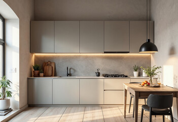 Fototapeta premium Concept photo of modern, minimalist, cozy kitchen interior
