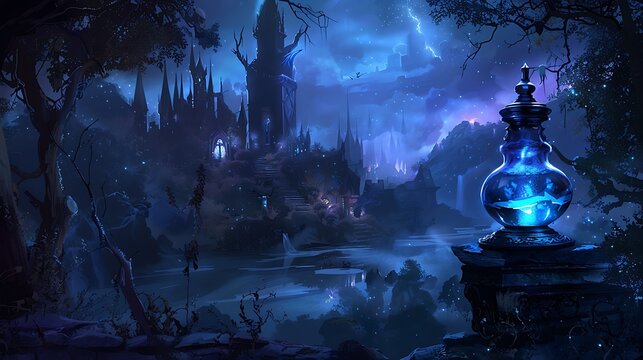 Spooky evening scene with a dazzling blue elixir perched on a sorceress land