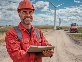 Fototapeta premium A smiling engineer in a hard hat holds a clipboard near wind turbines, showcasing renewable energy and sustainable practices.