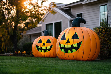 Huge pumpkins in front of suburban home, scary adnd spooky Halloween theme