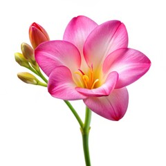 Fototapeta premium Pink Freesia Flower with Buds on White Background, floral, beauty, blossom