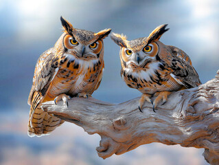 Two owls perched calmly, observing their surroundings