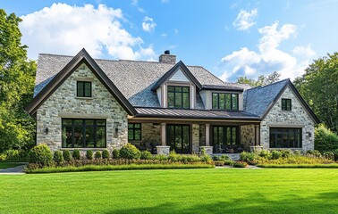 Obraz premium Charming Stone House with Large Lawn and Blue Sky