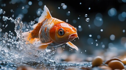 Koi Fish Leaping Out of Water with Frozen Droplets in Motion Photography