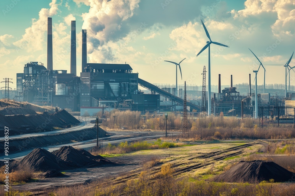 Aufkleber Wind turbines stand tall against a backdrop of closed coal mines and old factories, highlighting the shift towards sustainable energy sources. Generative AI