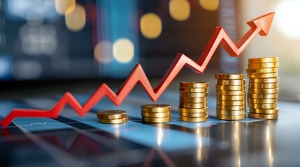 financial growth concept featuring stacked gold coins with a red upward arrow, symbolizing increasing profits, investments, and business success. Perfect for finance, economy, and business projects.