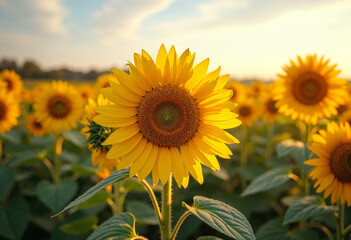 Fototapeta premium Concept photo of close-up a sunflower, field of sunflowers